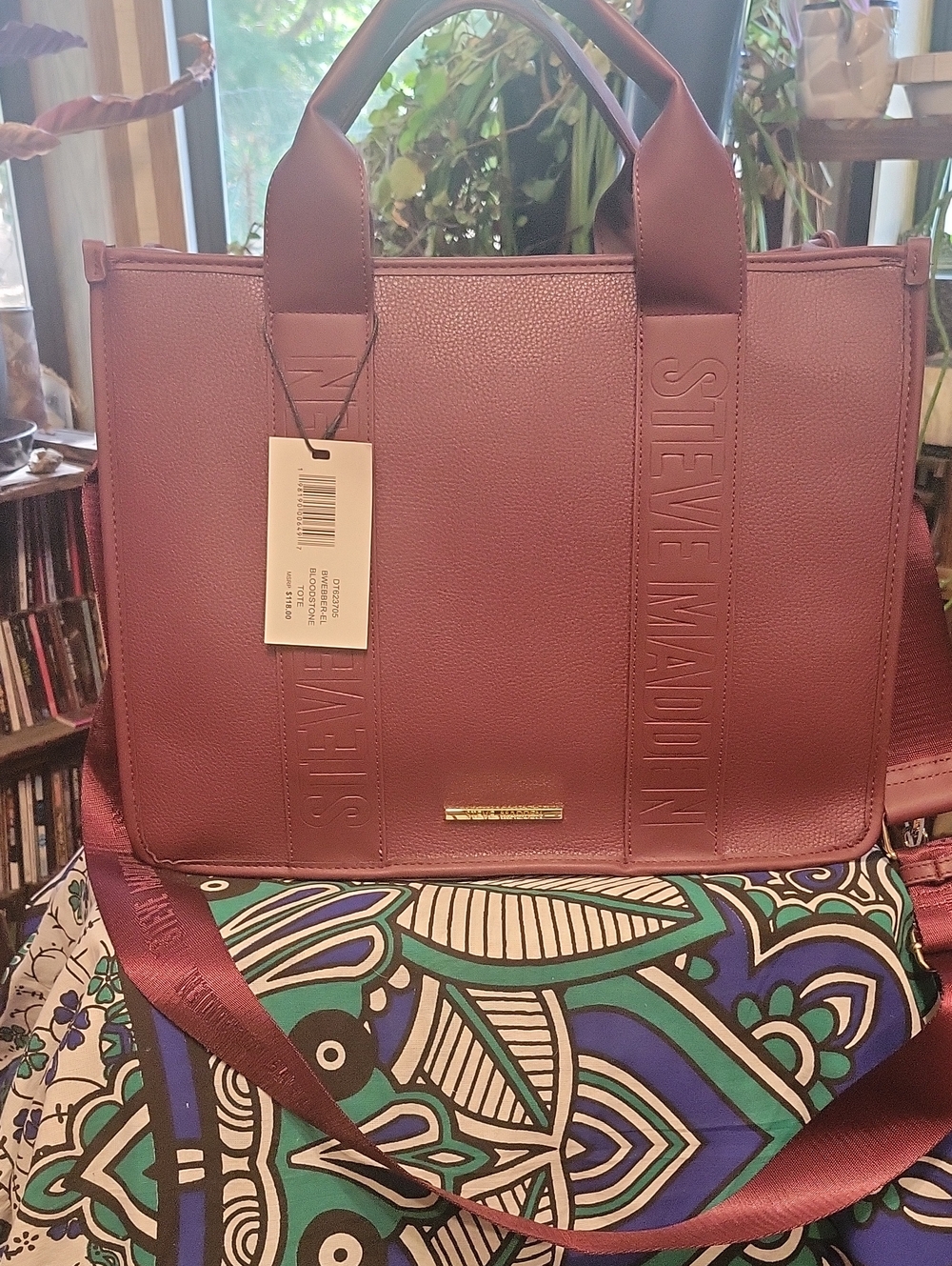 Steve Madden Burgundy Pebbled Tote with Embossed Straps